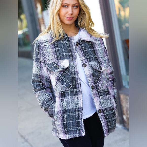 Flannel Plaid Button Down Coat, black/Gray/Blush/White, size small - Picture 12 of 13